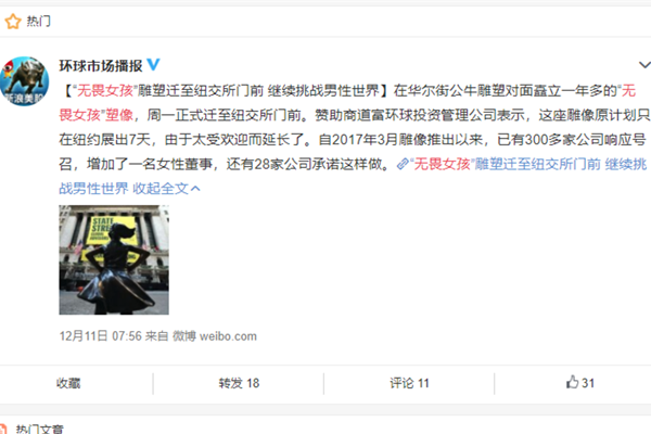 美国无畏女孩搬家 将成为她的永久安置地点